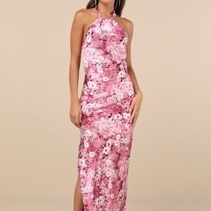 Lulus Glowing Presence Mauve Floral Satin Halter Maxi Dress Pink - Size L